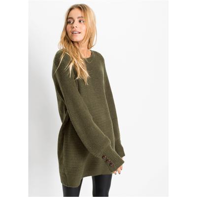 Longpullover BONPRIX "Longpullover mit Knöpfen", Damen, Gr. 36/38 (S), grün (dunkeloliv), Rippstrick, Obermaterial: 75% Polyacryl, 22% Polyester, 3% Elasthan, unifarben, oversize ca. Mitte Oberschenkel, Rundhals, extrabreites Bündchen mit Knöpfen,...