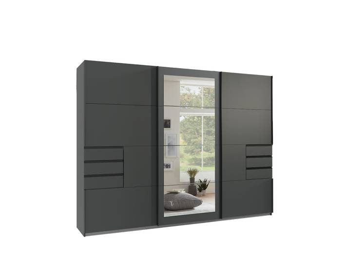 Schwebetürenschrank Kleiderschrank 273cm 3-trg. Passepartout Schubladen Spiegel Grafit / 22504