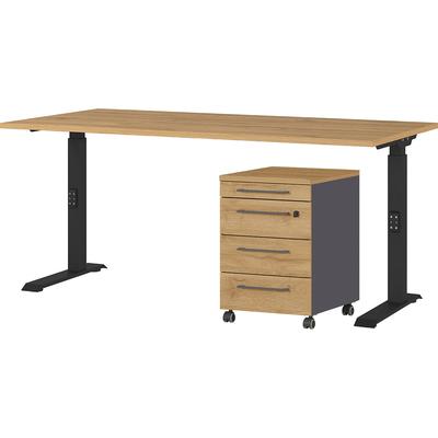 Büromöbel-Set GERMANIA "Agenda", schwarz (grandson, eiche, nachbildung, schwarz), B:160cm T:80cm, Holzwerkstoff, Kunststoff, Metall, Arbeitsmöbel-Sets, Büromöbel-Set, Set bestehend aus höhenverstellbarem Schreibtisch und Rollcontainer