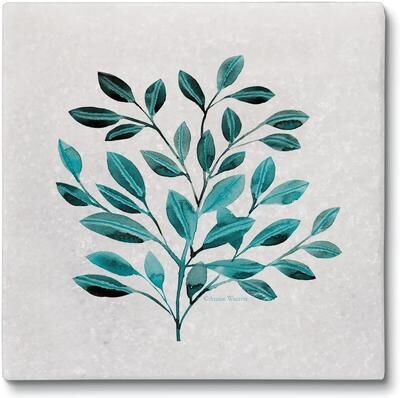 CounterArt "Leaves in Teal 4 Pack Natural Marble Cork Backed Coasters 4"" x 4"" x 0.43"" Square Manufactured in The USA"