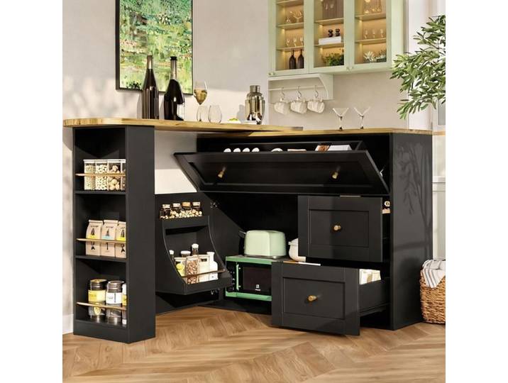 Buffet extensible noir MDF et métal table bar escamotable avec rangements 138-204 x 39 x 105 cm