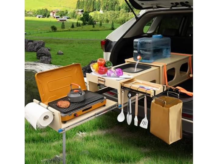 JAGAHAHA Overland Campingbox für Auto, Klappbare Campingküche mit Spüle, küchenbox Camping, Stauraum und Platz für 2 Brenner - Perfekt für Kochen, Waschen, Schneiden, Schneller Aufbau in 1 Min