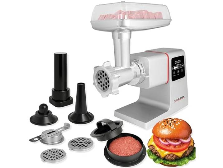 GASTROBACK Elektrischer Fleischwolf mit Wurstfüller und Spritzgebäckvorsatz - 2500 Watt 6-in-1 Edelstahl Meat Grinder - Wurstfüllmaschine elektrisch mit Touch Screen inkl Burger-Presse