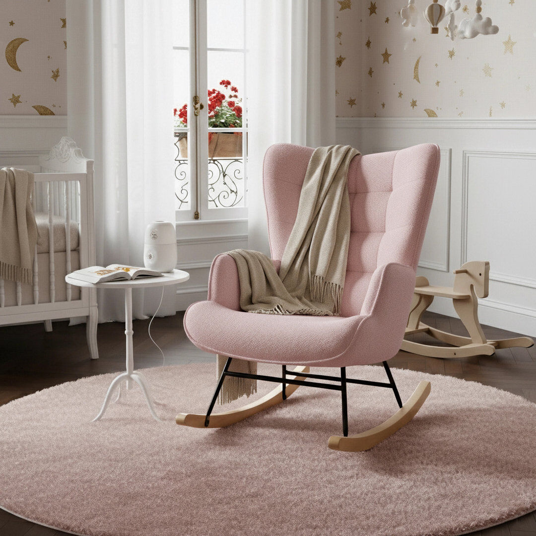 Latitude Run Tufted Rocking Chair, Modern Scandinavian Bouclé Accent Chair with Solid Wood Runners, Beige/Light Grey/Dark Grey/Pink Pink 92cm H X 68cm W X 75cm D