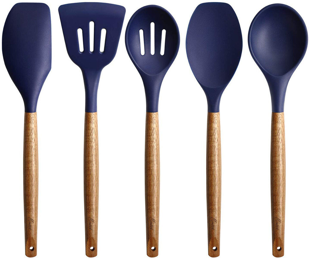 Belfry Kitchen Non-Stick Cooking Utensils, Silicone Kitchen Utensils Set With Natural Acacia Hard Wood Handle, 5 Piece Midnight Blue