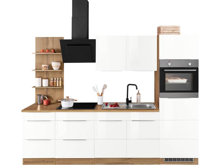 Küchenzeile, MDF, Weiß Hochglanz, 270×200×60 cm, Induktionskochfeld & Regal, Modern, Kochstation