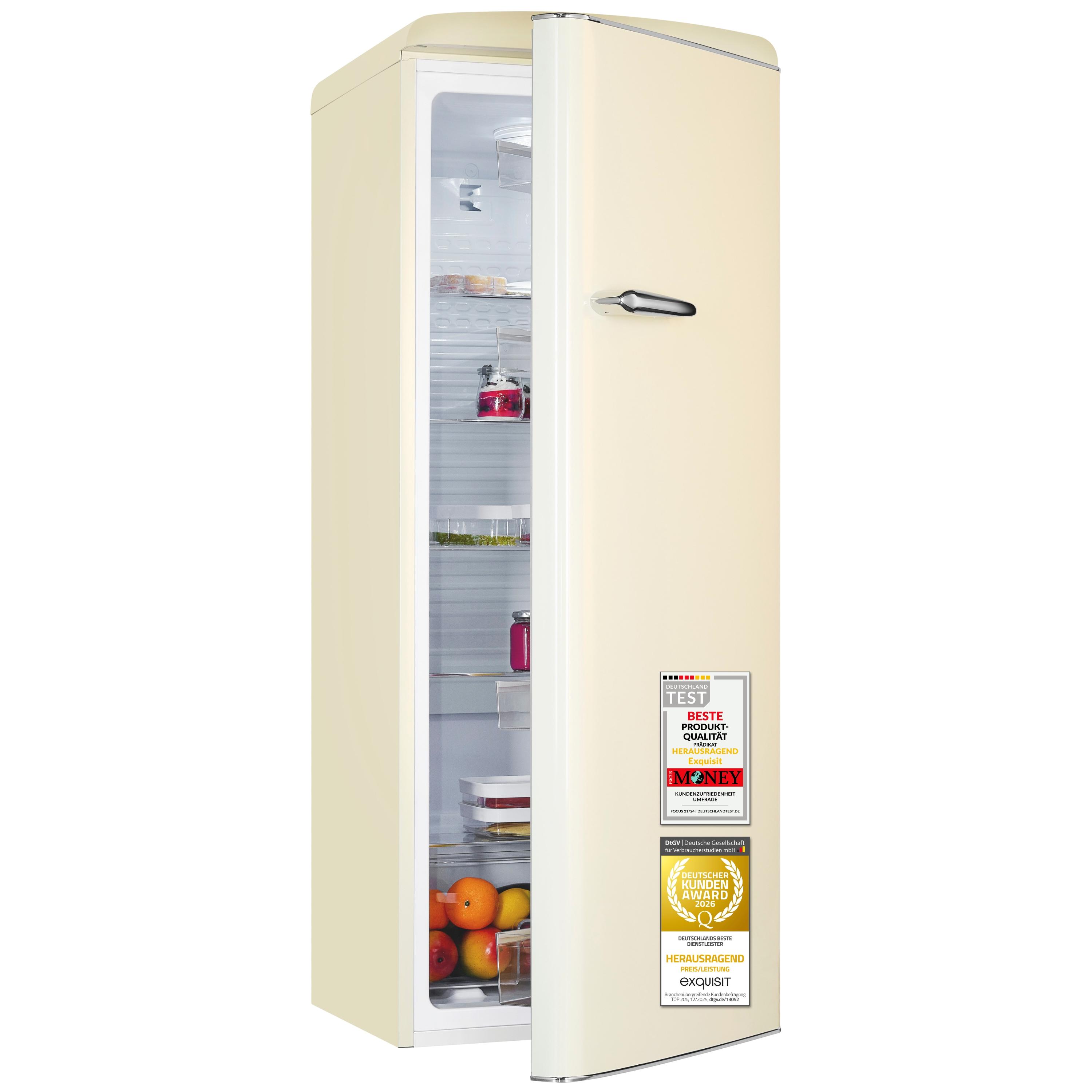 Exquisit Retro Vollraumkühlschrank 225 l | Energieklasse C | leise 37 dB | 54,5 cm schmal | LED-Beleuchtung | RKS325-V-H-160C Magnolienweiss