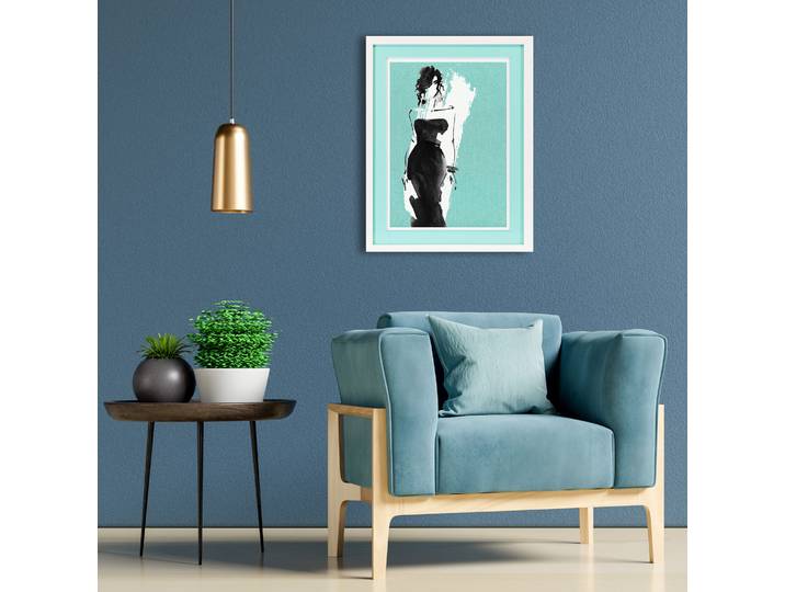 Bild mit Rahmen QUEENCE Skizze, Mode, türkis , blau (farbe rahmen: weiß, farbe bild(er): türkis), B:30cm H:40cm T:2cm, Acrylglas, Holz, Bilder, Bild mit Rahmen, Poster mit buntem Acrylglas Passepartout