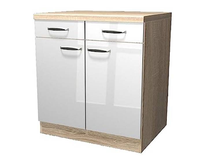Flex-Well Küchenunterschrank 80 cm breit mit Arbeitsplatte – Weiß Hochglanz 80 cm breiter Küchenunterschrank mit 2 Schubkästen, 2 Drehtüren und 1 Einlegeboden – Arbeitsplatte inklusive