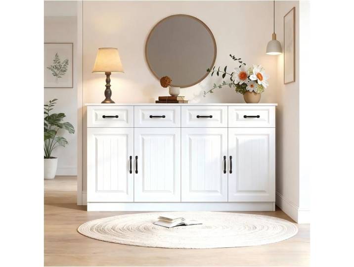 Buffet/commode blanc en MDF 160x35x80 cm Blanc MDF meuble vitrine rangement salon ce meuble comprend 4 tiroirs et 4