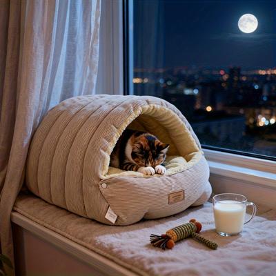 Friendly Fresh Finds Thickening Warm Pet House Cat Bed Sleeping Nest Soft Kittens Cave beige l