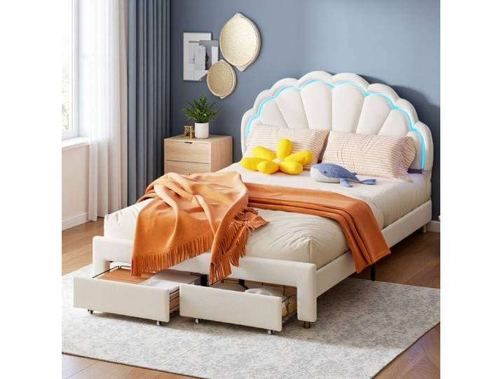 Lit Double 140x200 - Design Coquillage - Éclairage RGB - Rangement Tiroirs - Sécurité Enfant