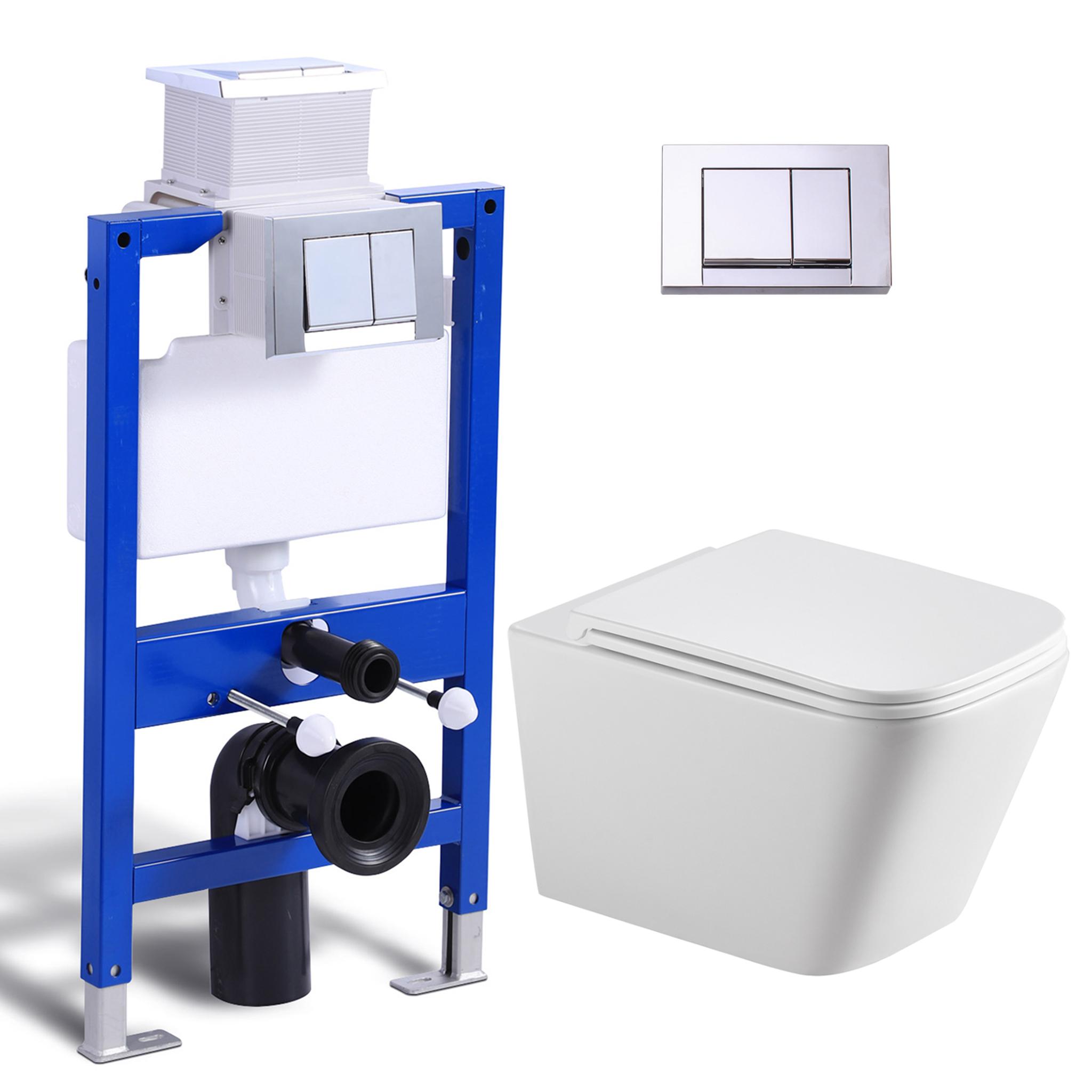 Komplett Vorwandelement Toilette Set - 82cm Unterputzspülkasten + Hänge Spülrandlos WC Toilette + Rechteckig Chrome Drückplatte HOROW