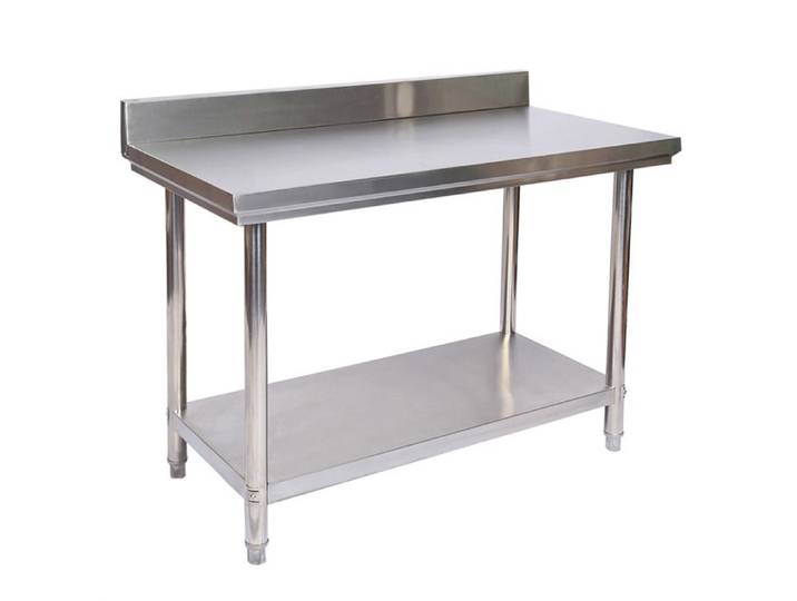 Wiltec Table de travail – 1200 x 600 x 850 mm – en Acier inoxydable – avec Rebord de protection et Plaque en MDF – Établi inox Table