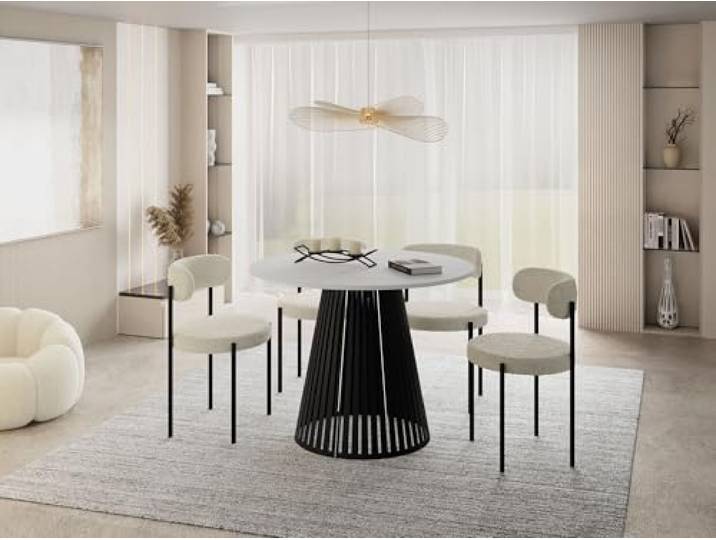 WFL GROUP Esstisch Rund Ausziehbar mit Lamellen im Loft-Stil – 120 bis 200 cm – Industrieller Tisch mit Schwarzen Metallbeinen, Platzsparend für Wohnzimmer oder Esszimmer – Weiß