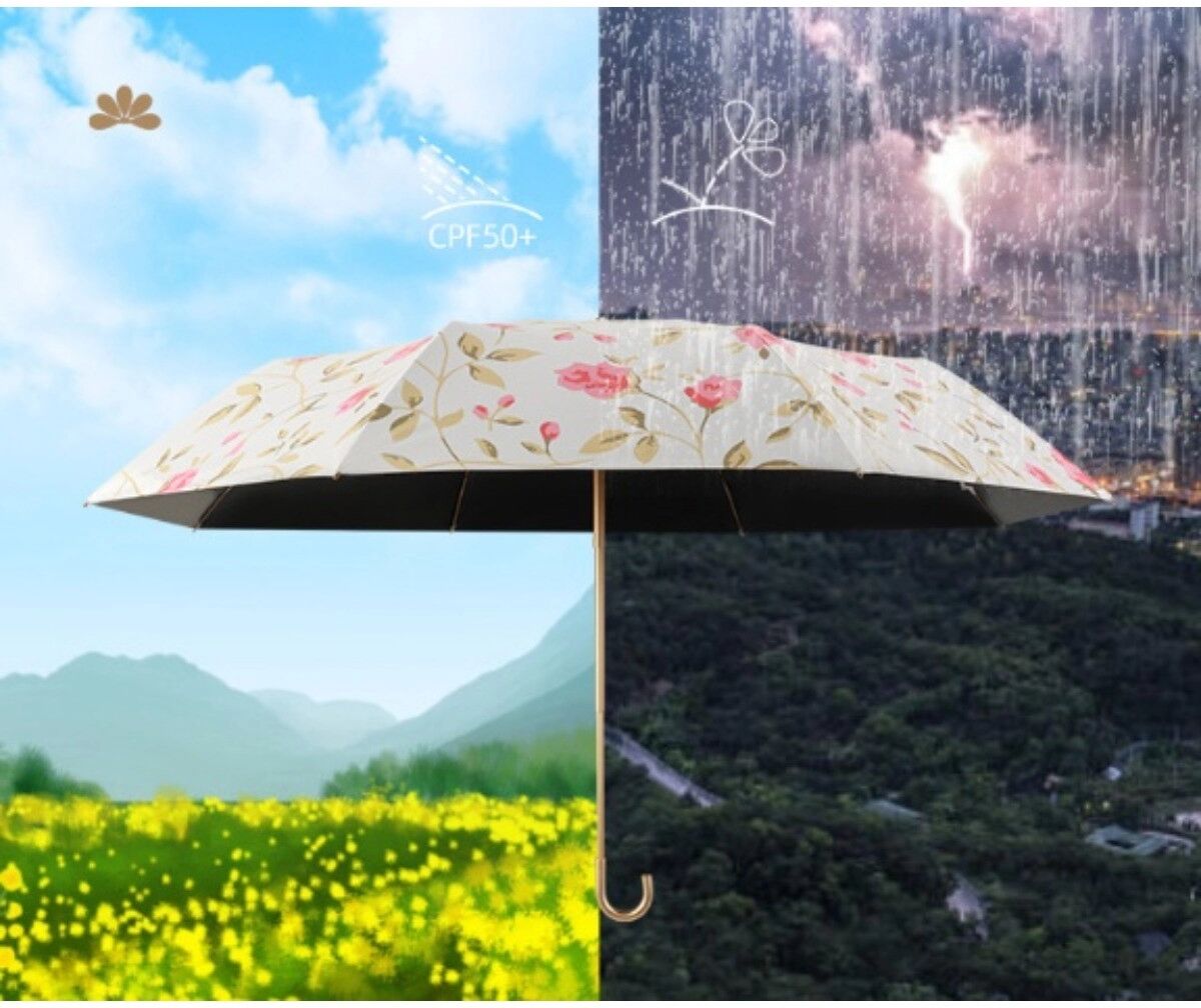 INF Parapluie pliant floral romantique français petit avec poignée crochée dorée - UPF50+, tissu 210T enduit, 8 baleines en