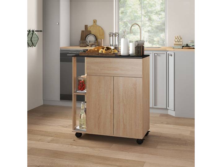 HOMCOM Desserte Cuisine Roulettes Chêne/Noir Multi-Rangement