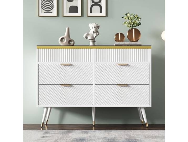 ModernLuxe Sideboard Kommode aus Glas, Bernstein, Möbel mit 6 Schubladen mit Fächern, modernes Design, garantierte Stabilität, ideal für Schlafzimmer und alle Räume, 120 x 40 x 76 cm, Weiß
