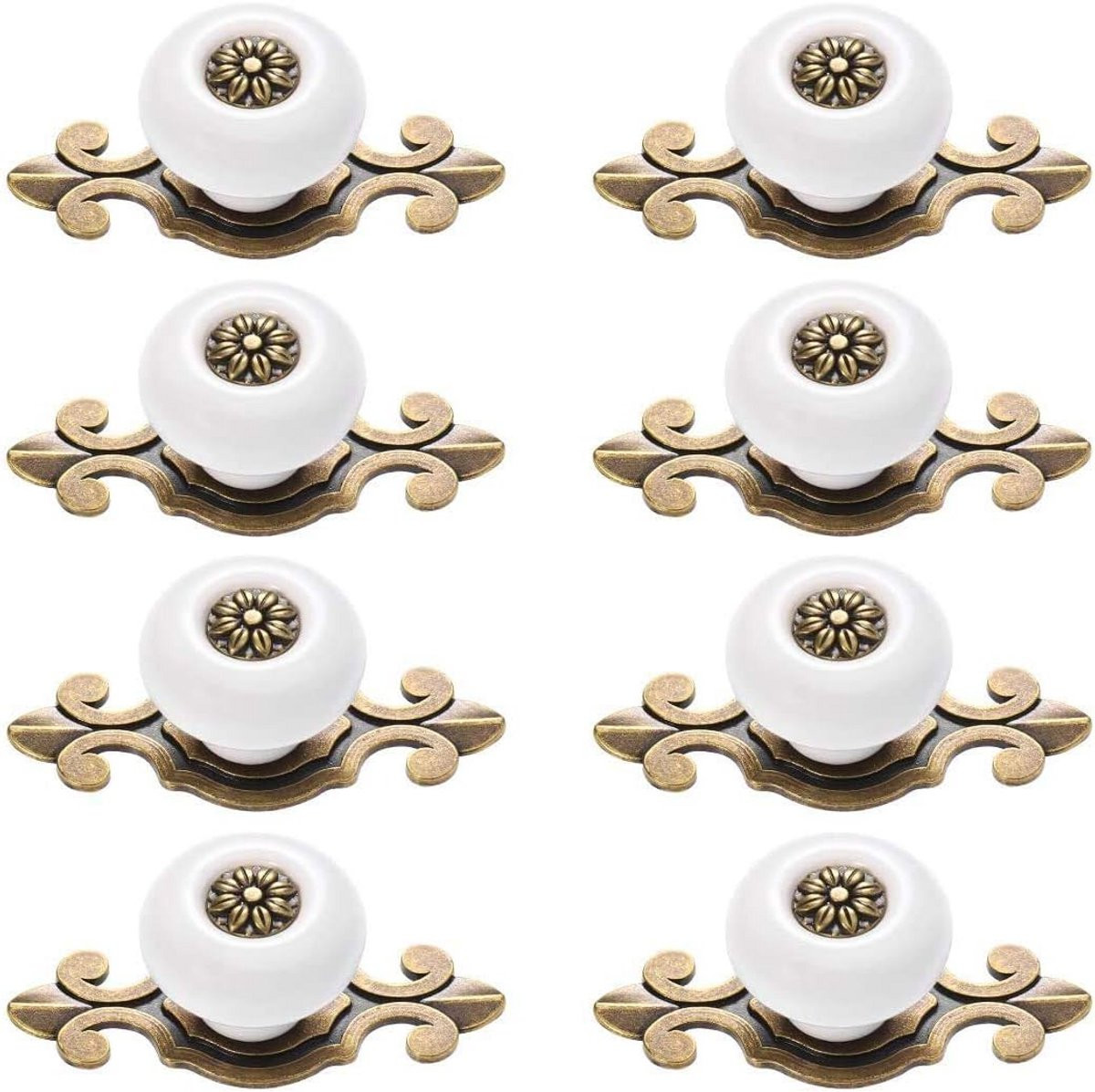 Set van 8 antieke design kastknoppen en deurhandgrepen in wit en oud goud