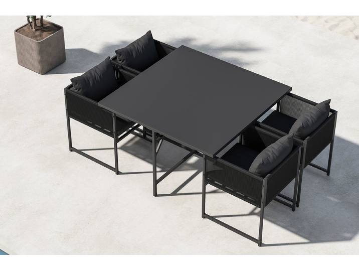 Garten Essgruppe Auren – 5-teiliges Gartenmöbel-Set aus Stahl und Glas - Schwarz - Luxusbetten24