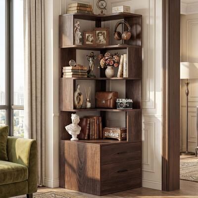 Rackcog Corner Bookshelf with 2 Wood Drawers, Freestanding Display Storage Cabinet for Bedroom Living Room