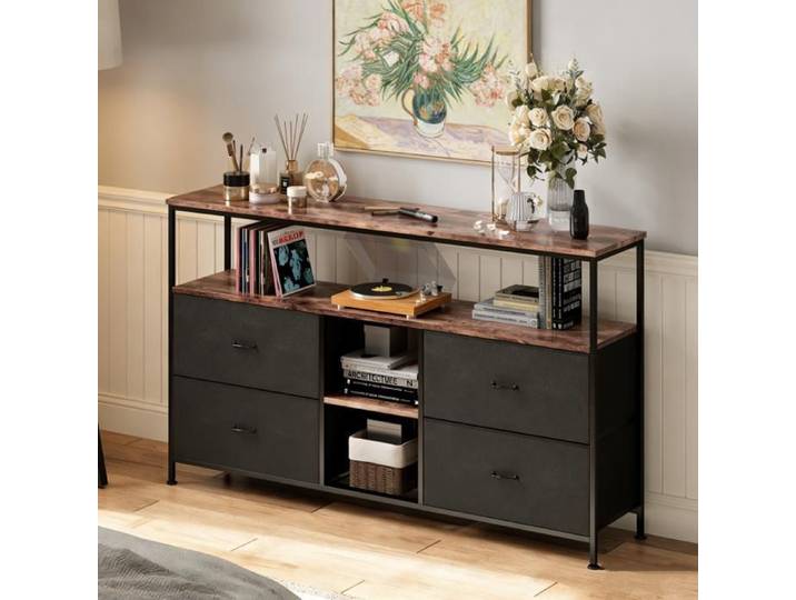 Commode - KILISKY - 4 Tiroirs - Éclairage LED - Pieds Réglables - Noir