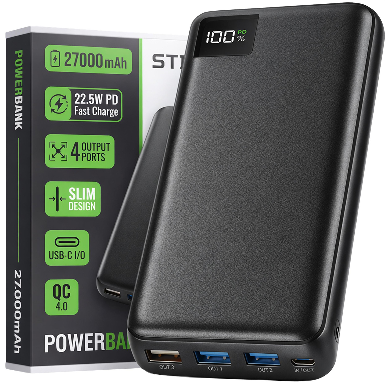 Strex Powerbank 27.000 mAh 22.5W Snellader met USB-A/USB-C en LED Indicatie voor iPhone en Samsung