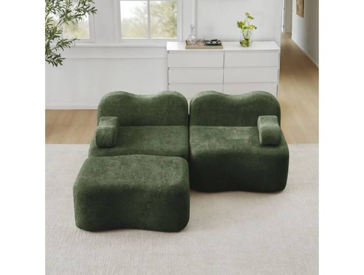 ROVRYN Canape modulaire 2 places en L avec pouf velours vert forme vague sans montage