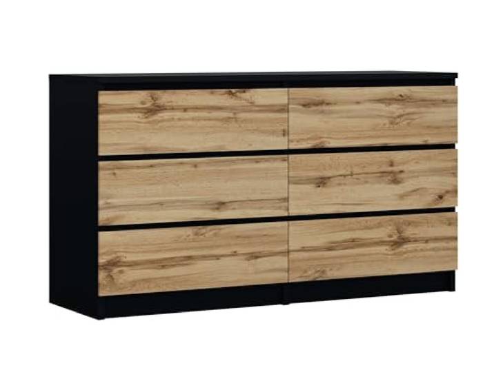 3xE Living Kommode 138 cm, 6 Schubladen, Schwarz/Wotan Eiche, 138 x 39 x 79 cm