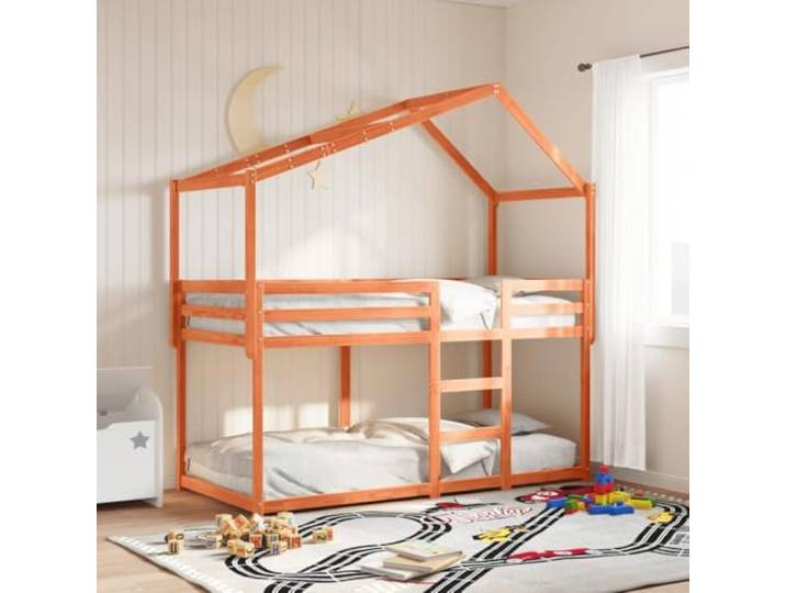 RJPLMFV Etagenbett, Kiefer, massiv, 90 x 200 cm, Braun Mit Dach, Seitentür, Geländer, Lamellen, 2 Betten, Kinderzimmer