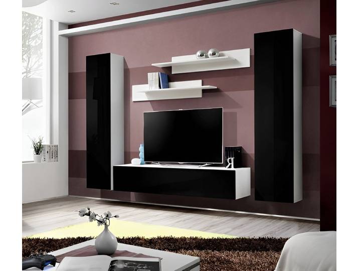 Xlmoebel Wohnwand Elegante Wohnzimmerwand mit TV-Hängeschrank und Vitrine in Holzoptik, (6-St), Hergestellt in Europa