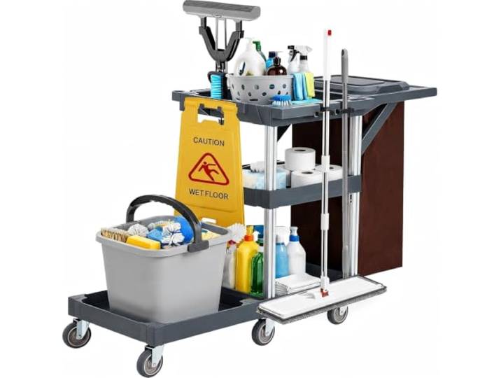 Zstar Reinigungswagen Profi mit 6 Rollen und Müllsack Multifunktionaler Servicewagen mit Aluminiumrahmen, klappbarem Müllsack und Abfallbehälter für Gewerbe