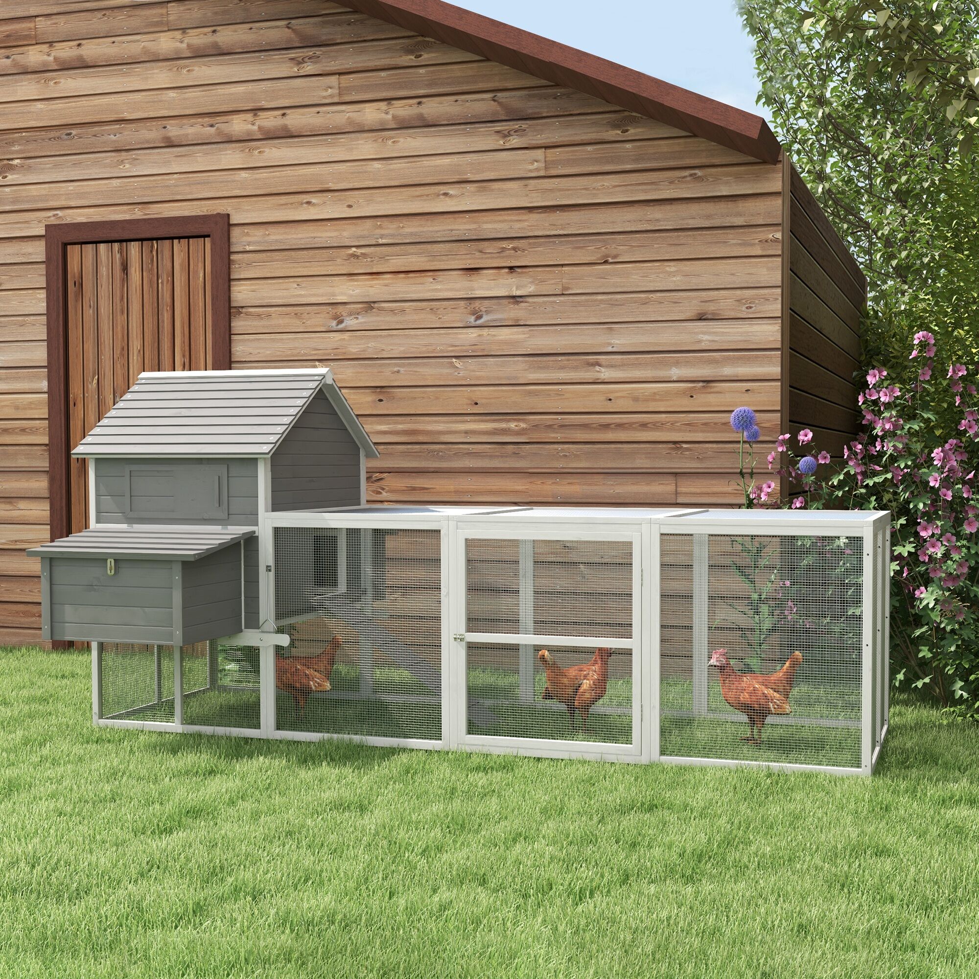 Altro Pollaio Da Giardino Con Casetta Per Galline, Rampa E Area Aperta, 310.5x149.5x149cm, Grigio