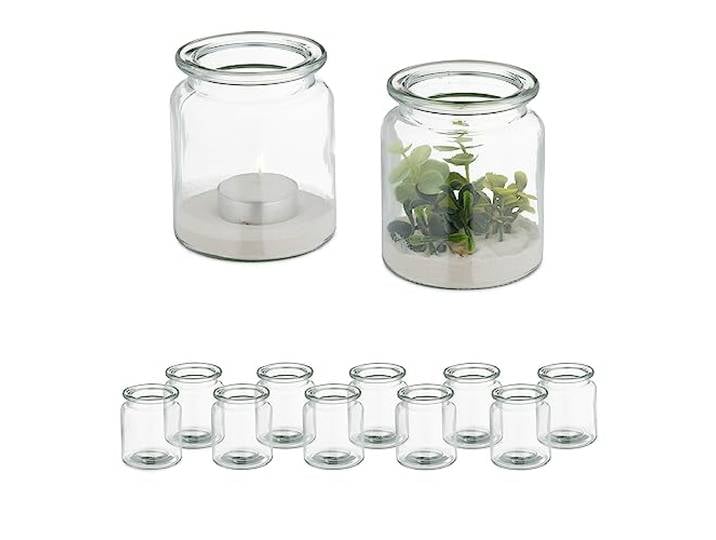Relaxdays Photophores\, Lot de 12\, en Verre\, extérieur & intérieur\, H x D : 9\,5 x 8 cm\, Porte-Bougies Ronds\, Transparent