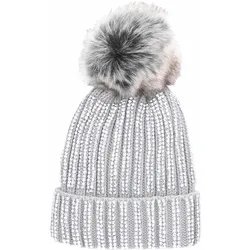 Antonio Strick Mütze Beanie mit Bommel und Pailletten - hellgrau