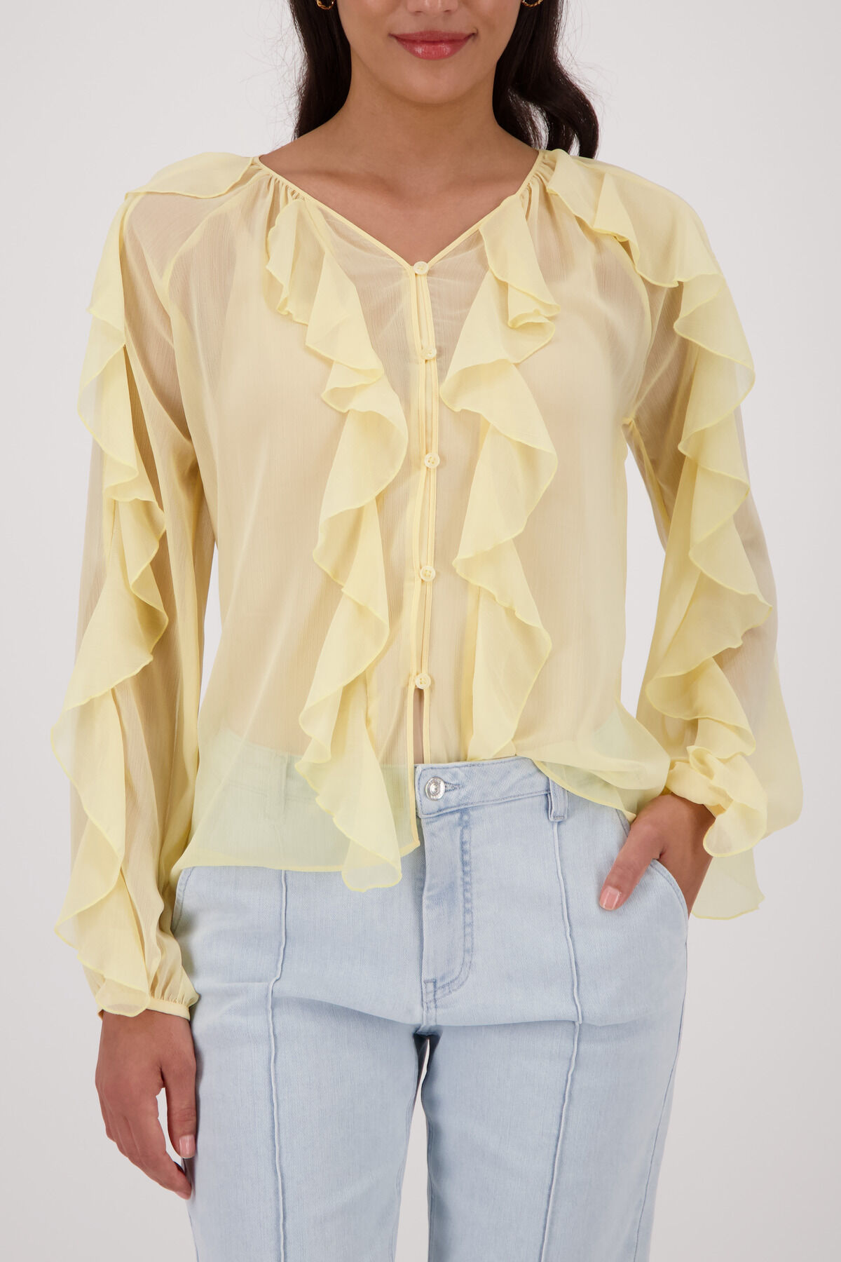 Georgettebluse MONARI "Bluse Georgette Rüschen", Damen, Gr. 46, gelb (past gelb), Web, Obermaterial: 100% Polyester, unifarben, regular fit taillenbedeckt, V-Ausschnitt, eingesetzt eingefasste Kante, Blusen Georgettebluse, Regular fit mit Volants past gel