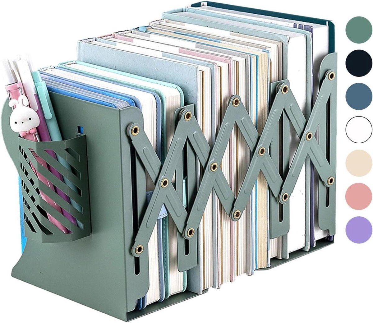 Verstelbare Boekensteunen Groen - Uittrekbare Boekendelers Organizer met 3 Vakken - 104 cm tot 498 cm