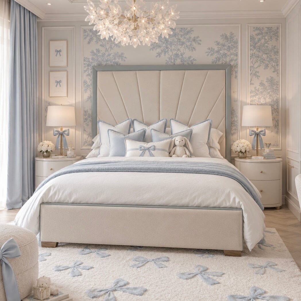 Barcelona Cream & Blue Sunburst Bed, King / No Storage