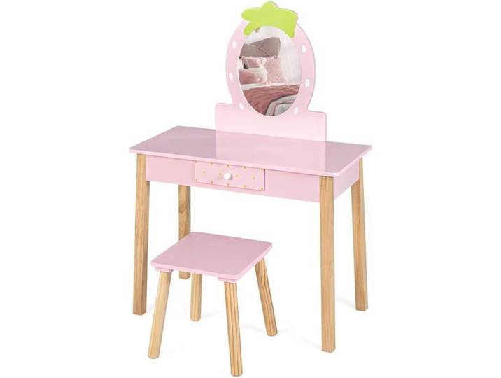GOPLUS Coiffeuse pour Enfants avec Grand Tiroir Ensemble Coiffeuse et Chaise avec Miroir en Forme de Fraise Détachable