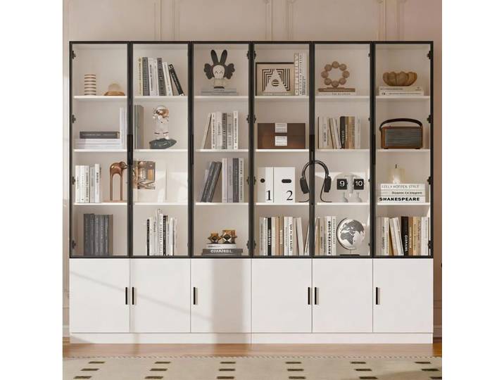 MEUBLIV Vitrine buffet haut 240 cm 12 portes vitrées MDF blanc LED et commande par application
