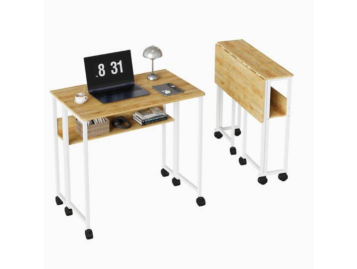 Bureau pliant avec tablette de rangement et roulettes - Table d'ordinateur portable 63 cm design compact - montage facile -bois