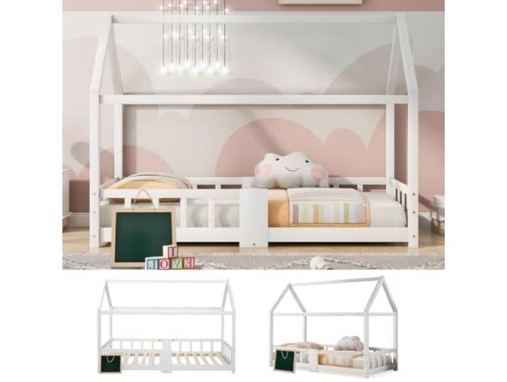 Ropilly Hausbett mit Lattenrost und Kinderbett mit Rausfallschutz für Kinderzimmer