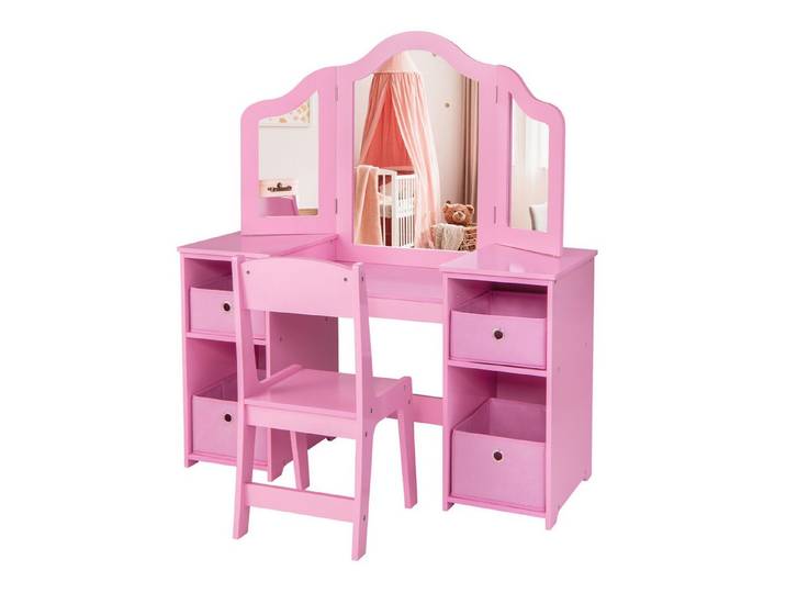 COSTWAY Schminktisch Kinder Frisiertisch (2-St), Frisiertisch mit Stuhl, Aufbewahrungsboxen
