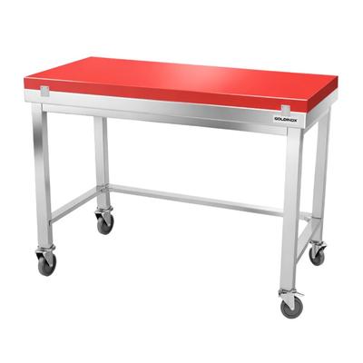 Edelstahl-Arbeitstisch 1600x700 mm mit roter Schneidplatte und Verstärkung auf Rollen PREMIUM - GOLDINOX