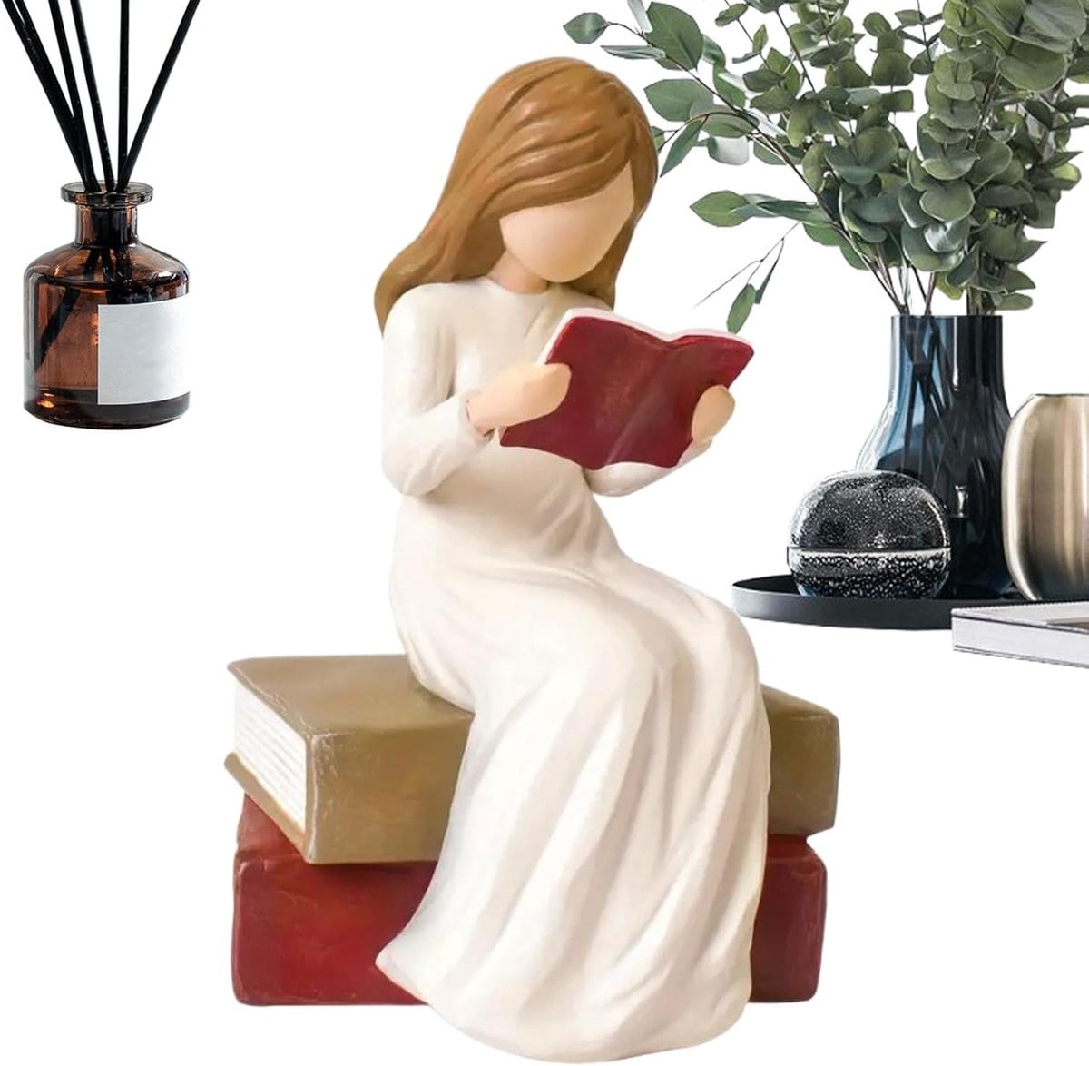 Handgeschilderd Engel Beeldje Leesboek Sculptuur voor Huisdecoratie H 16 x B 12 x D 11 cm