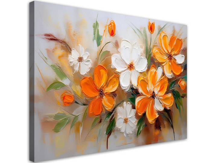 Feeby Wandbild weiße und orangefarbene wildblumen, Orange, Floral, Rechteckig, 90x60 cm, Bilder & Rahmen, Bilder, Leinwandbilder