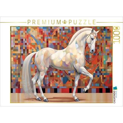 CALVENDO Puzzle Silberweiße Eleganz - Edles weißes Pferd vor Mosaik Hintergrund | 1000 Teile Lege-Größe 64x48cm Foto-Puzzle für glückliche Stunden