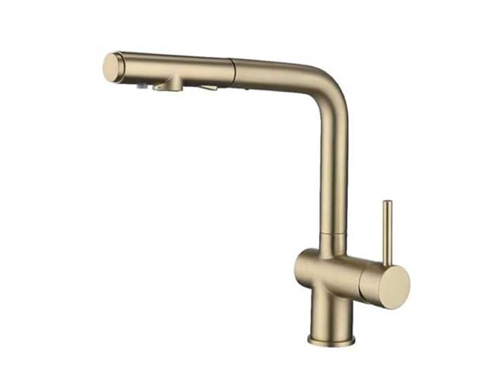 XJTNLB Küchenarmatur 3 Wege Wasserhahn Gebürstetes Gold Spültischarmatur mit Brause 360° Drehbar 3 in 1 Mischbatterie Küche für Wasserfilter Wasserhahn Auslauf L Form