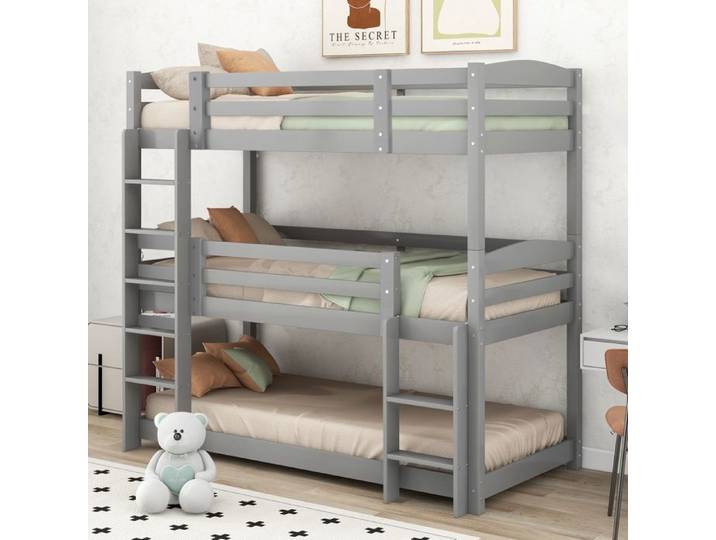 Lit enfants superposé 90x200cm - Lit superposé 3 places en bois - divisible - échelles et garde-corps - gris