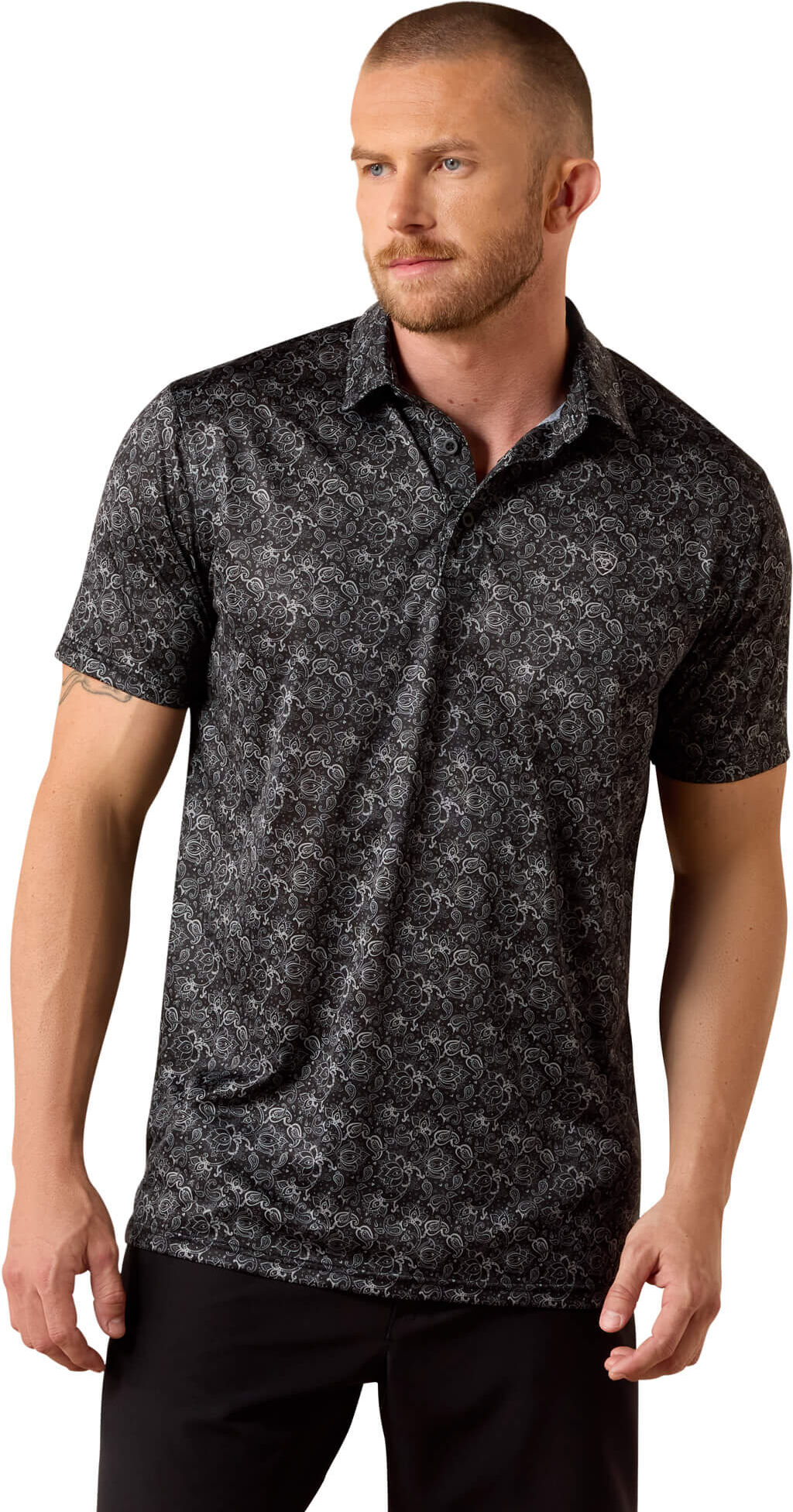 Men's All Over Print Fitted Polo Shirt in Black Paisley Print, Size: Large by Ariat